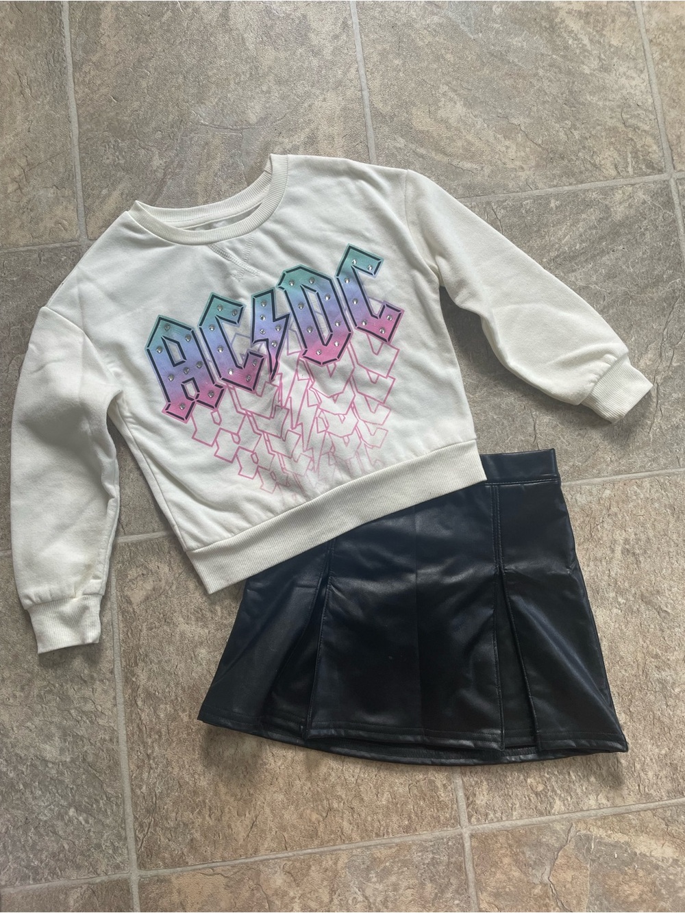 2/$12 AC/DC White Crewneck with Pink and Blue Gradient Logo - Girl